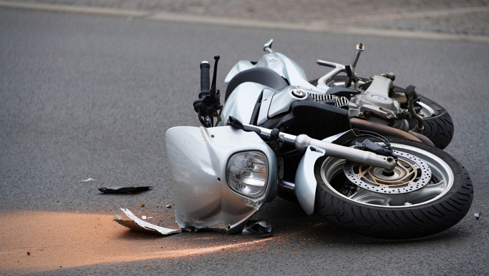 Motorcycle on its side with scattered debris at a crash scene, representing injuries caused by right-of-way violations.
