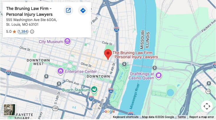 Map showing The Bruning Law Firm at 555 Washington Ave Ste 600A, St. Louis, MO 63101